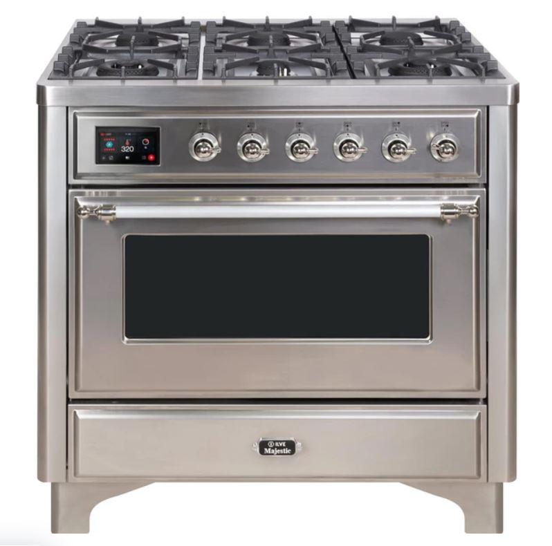 ILVE 36" Majestic II Series Dual Fuel Gas Range with 6 Burners with 3.5 cu. ft. Oven Capacity TFT Oven Control Display (UM096DNS) - Stainless Steel with Chrome Trim