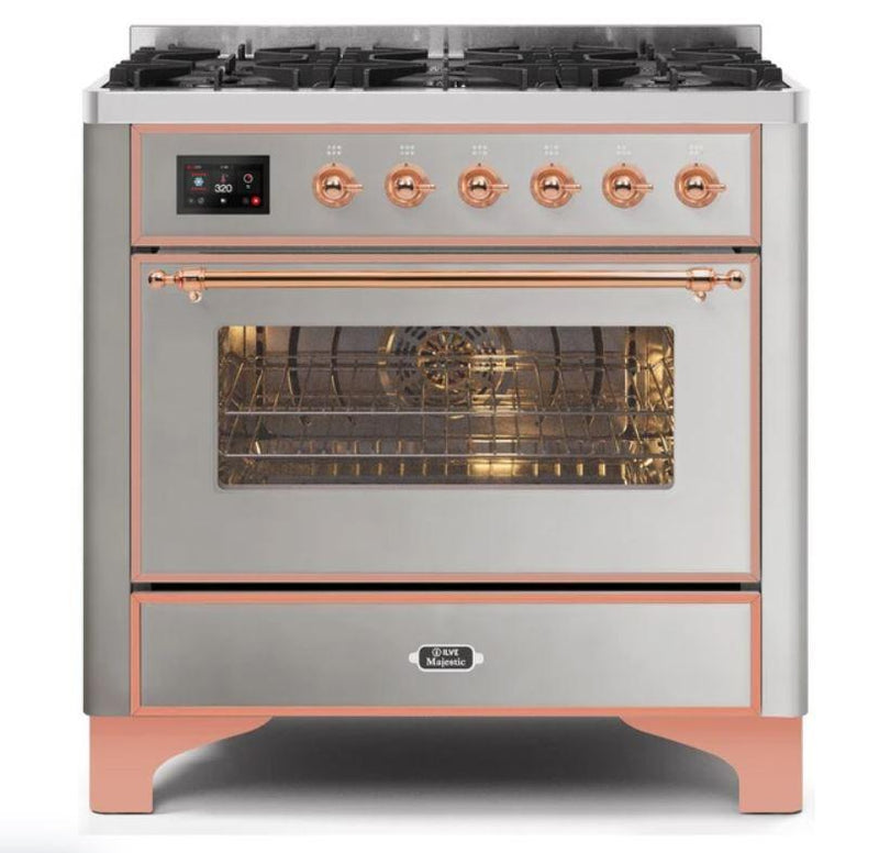 ILVE 36" Majestic II Series Dual Fuel Gas Range with 6 Burners with 3.5 cu. ft. Oven Capacity TFT Oven Control Display (UM096DNS) - Stainless Steel with Copper Trim