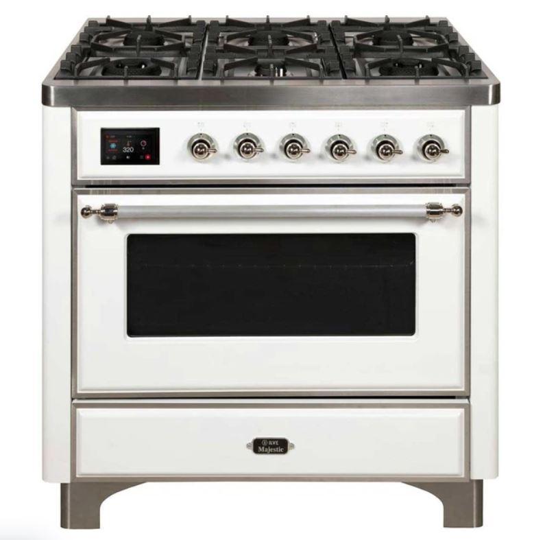 ILVE 36" Majestic II Series Dual Fuel Gas Range with 6 Burners with 3.5 cu. ft. Oven Capacity TFT Oven Control Display (UM096DNS) - White with Chrome Trim