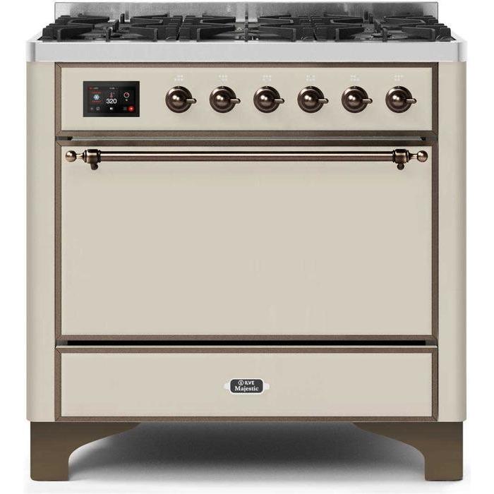 ILVE 36" Majestic II Series Dual Fuel Range Gas/Propane with 6 Sealed Burners (UM096DQNS3) - Antique White with Bronze Trim