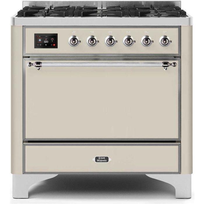 ILVE 36" Majestic II Series Dual Fuel Range Gas/Propane with 6 Sealed Burners (UM096DQNS3) - Antique White with Chrome Trim