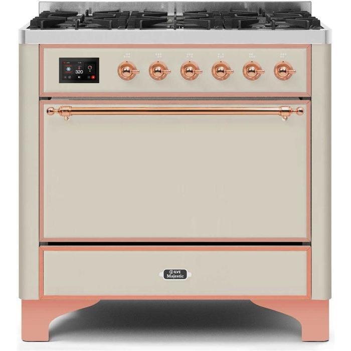 ILVE 36" Majestic II Series Dual Fuel Range Gas/Propane with 6 Sealed Burners (UM096DQNS3) - Antique White with Copper Trim