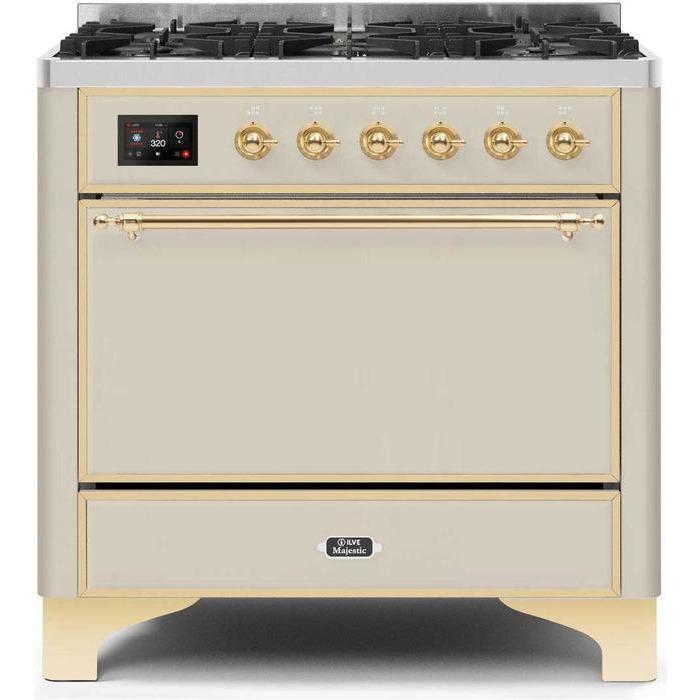 ILVE 36" Majestic II Series Dual Fuel Range Gas/Propane with 6 Sealed Burners (UM096DQNS3) - Antique White with Brass Trim