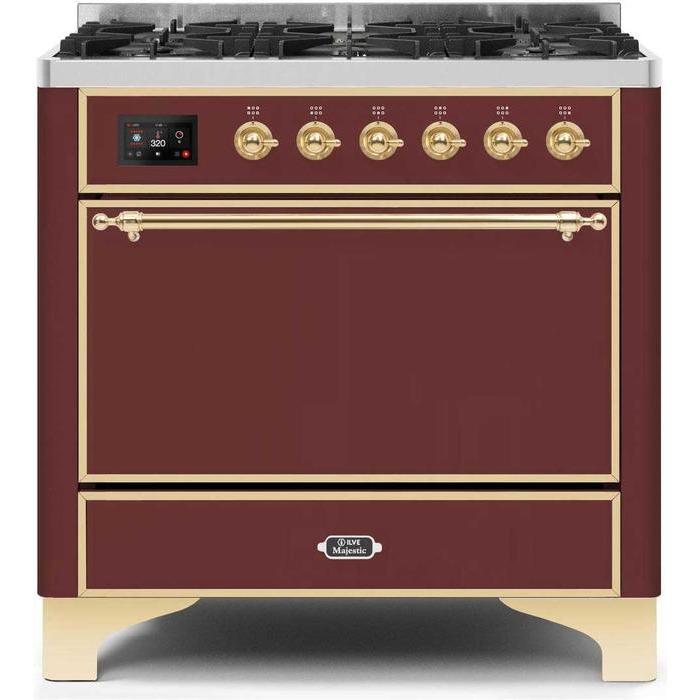 ILVE 36" Majestic II Series Dual Fuel Range Gas/Propane with 6 Sealed Burners (UM096DQNS3) - Burgundy with Brass Trim