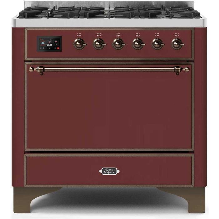 ILVE 36" Majestic II Series Dual Fuel Range Gas/Propane with 6 Sealed Burners (UM096DQNS3) - Burgundy with Bronze Trim