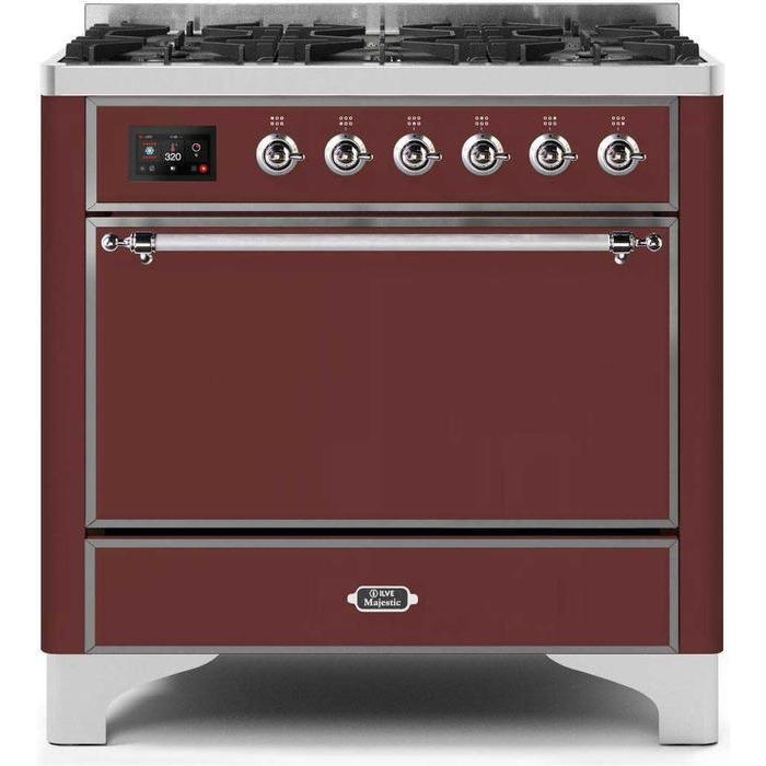 ILVE 36" Majestic II Series Dual Fuel Range Gas/Propane with 6 Sealed Burners (UM096DQNS3) - Burgundy with Chrome Trim