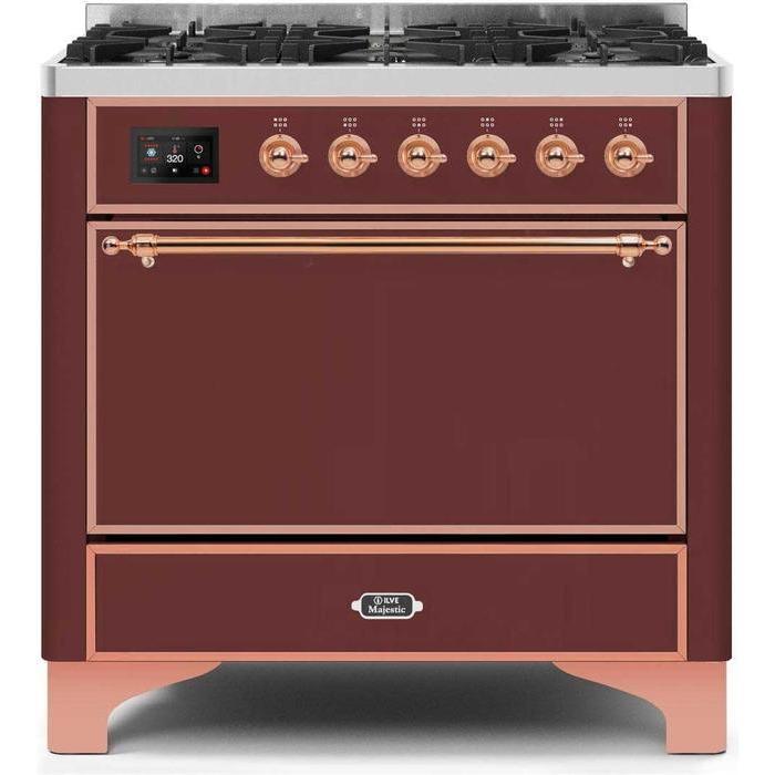 ILVE 36" Majestic II Series Dual Fuel Range Gas/Propane with 6 Sealed Burners (UM096DQNS3) - Burgundy with Copper Trim