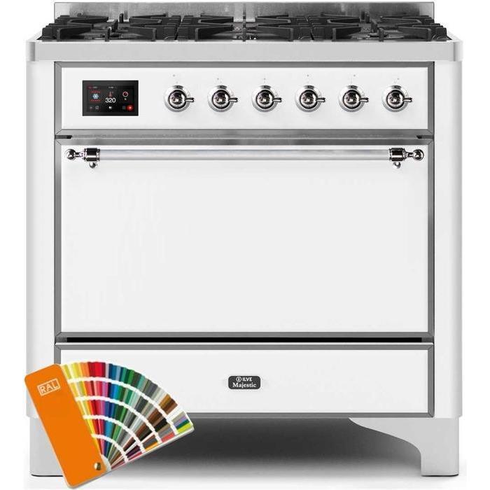 ILVE 36" Majestic II Series Dual Fuel Range Gas/Propane with 6 Sealed Burners (UM096DQNS3) - Custom RAL Color with Chrome Trim