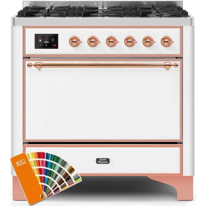 ILVE 36" Majestic II Series Dual Fuel Range Gas/Propane with 6 Sealed Burners (UM096DQNS3) - Custom RAL Color with Copper Trim