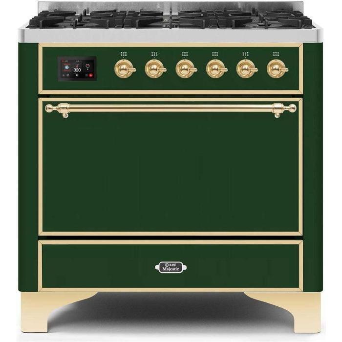 ILVE 36" Majestic II Series Dual Fuel Range Gas/Propane with 6 Sealed Burners (UM096DQNS3) - Emerald Green with Brass Trim