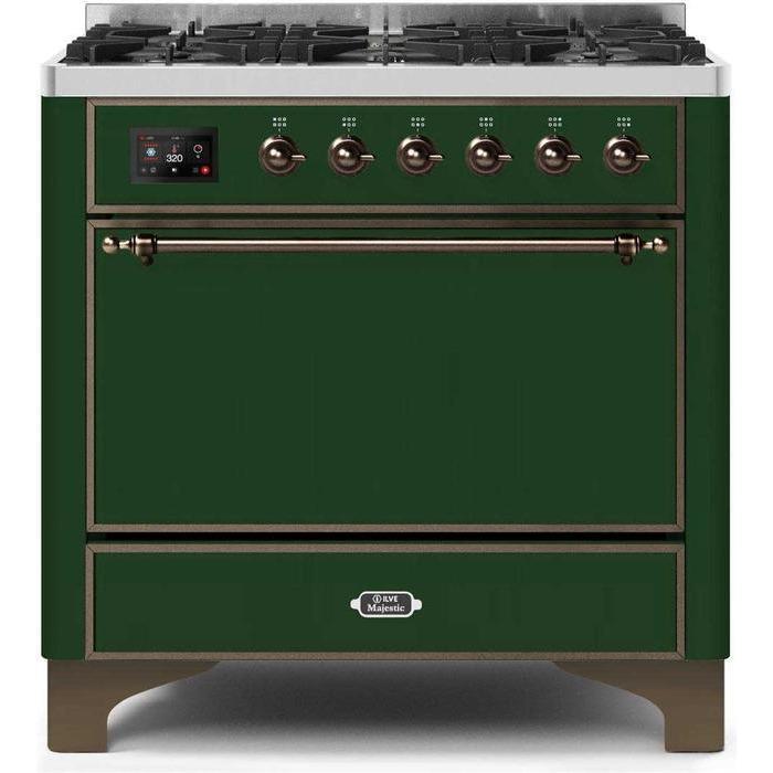 ILVE 36" Majestic II Series Dual Fuel Range Gas/Propane with 6 Sealed Burners (UM096DQNS3) - Emerald Green with Bronze Trim