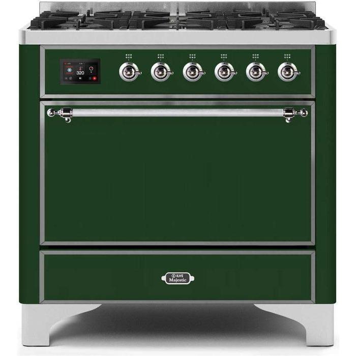 ILVE 36" Majestic II Series Dual Fuel Range Gas/Propane with 6 Sealed Burners (UM096DQNS3) - Emerald Green with Chrome Trim