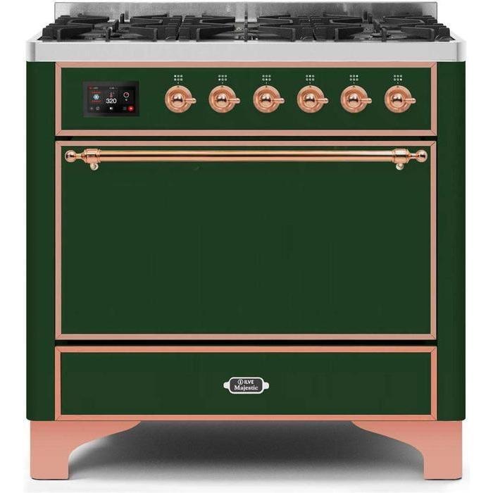 ILVE 36" Majestic II Series Dual Fuel Range Gas/Propane with 6 Sealed Burners (UM096DQNS3) - Emerald Green with Copper Trim