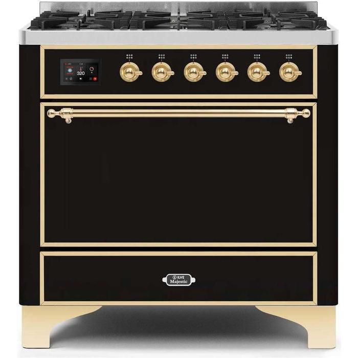 ILVE 36" Majestic II Series Dual Fuel Range Gas/Propane with 6 Sealed Burners (UM096DQNS3) - Glossy Black with Brass Trim
