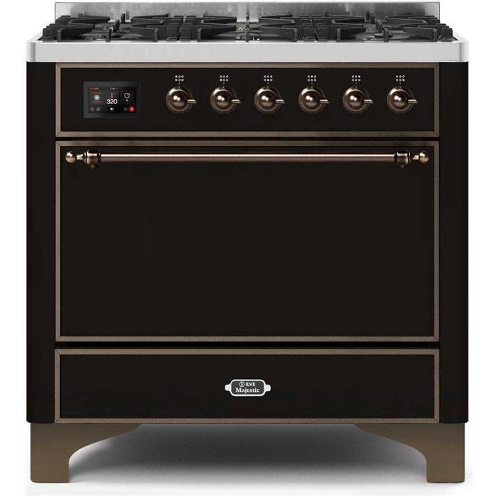 ILVE 36" Majestic II Series Dual Fuel Range Gas/Propane with 6 Sealed Burners (UM096DQNS3) - Glossy Black with Bronze Trim