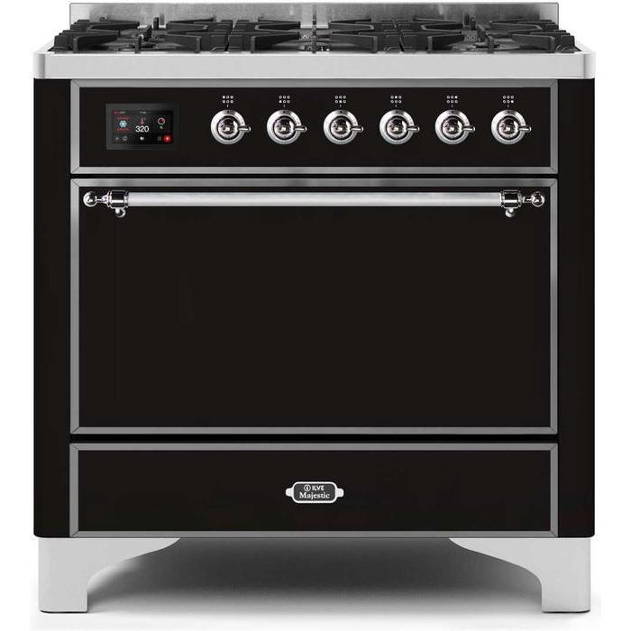 ILVE 36" Majestic II Series Dual Fuel Range Gas/Propane with 6 Sealed Burners (UM096DQNS3) - Glossy Black with Chrome Trim