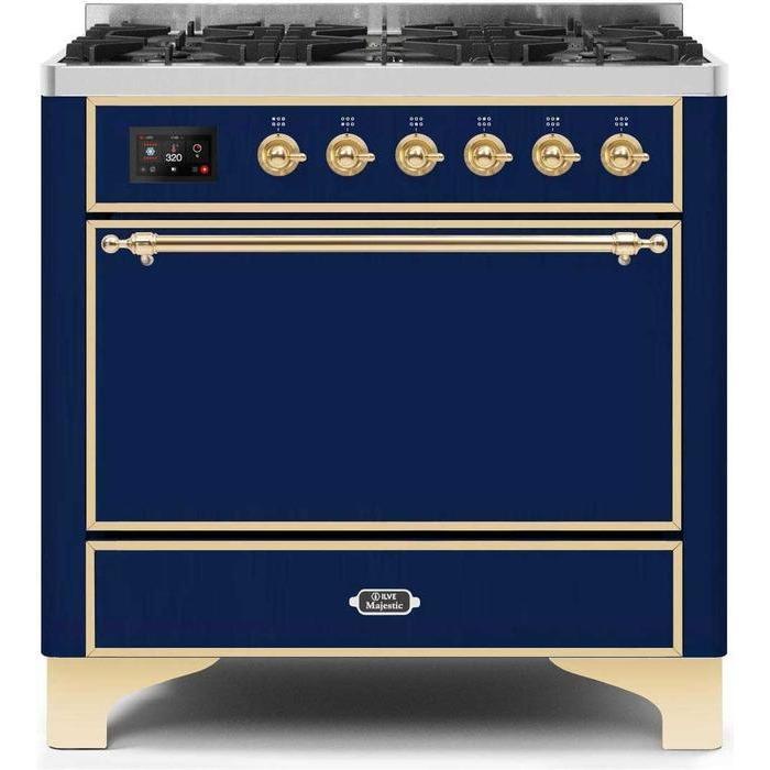 ILVE 36" Majestic II Series Dual Fuel Range Gas/Propane with 6 Sealed Burners (UM096DQNS3) - Midnight Blue with Brass Trim