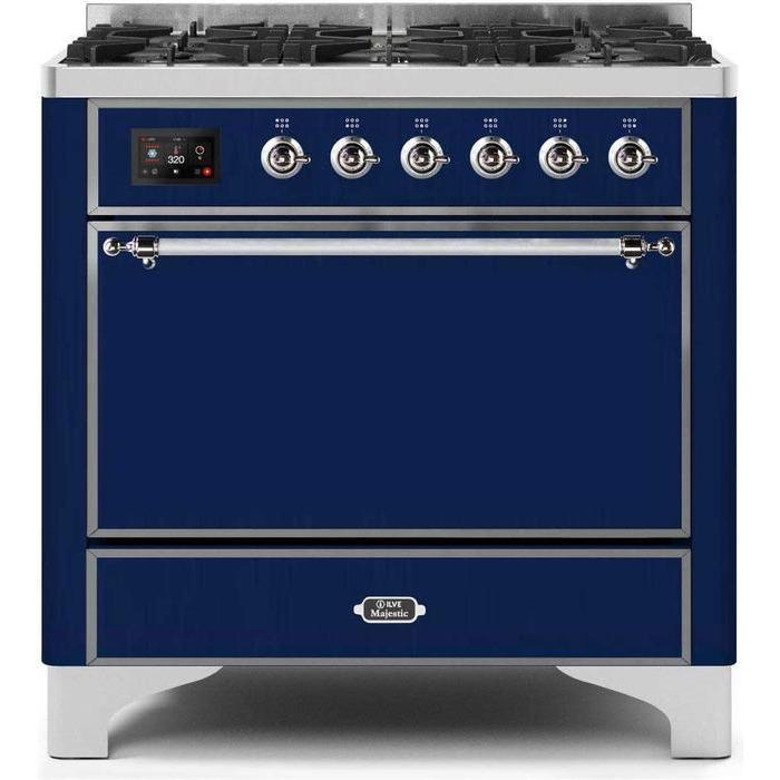 ILVE 36" Majestic II Series Dual Fuel Range Gas/Propane with 6 Sealed Burners (UM096DQNS3) - Midnight Blue with Chrome Trim