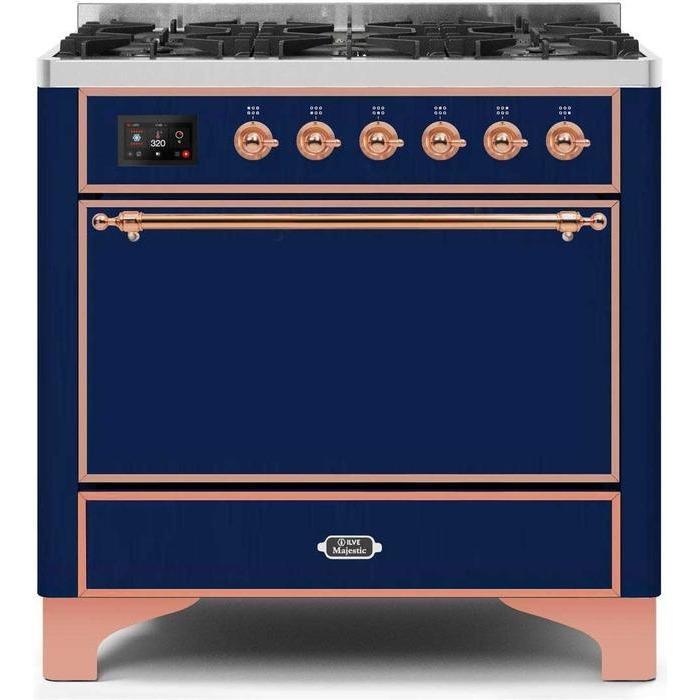ILVE 36" Majestic II Series Dual Fuel Range Gas/Propane with 6 Sealed Burners (UM096DQNS3) - Midnight Blue with Copper Trim
