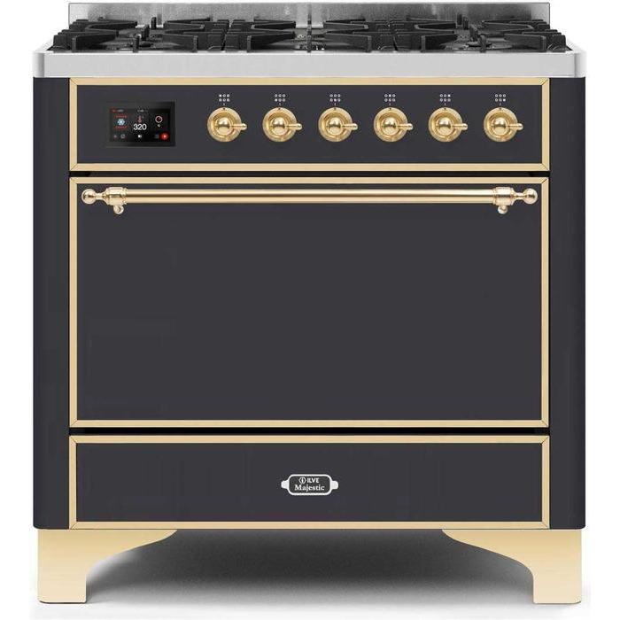 ILVE 36" Majestic II Series Dual Fuel Range Gas/Propane with 6 Sealed Burners (UM096DQNS3) - Matte Graphite with Brass Trim