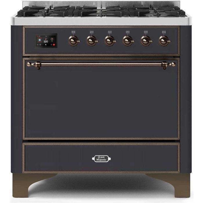 ILVE 36" Majestic II Series Dual Fuel Range Gas/Propane with 6 Sealed Burners (UM096DQNS3) - Matte Graphite with Bronze Trim