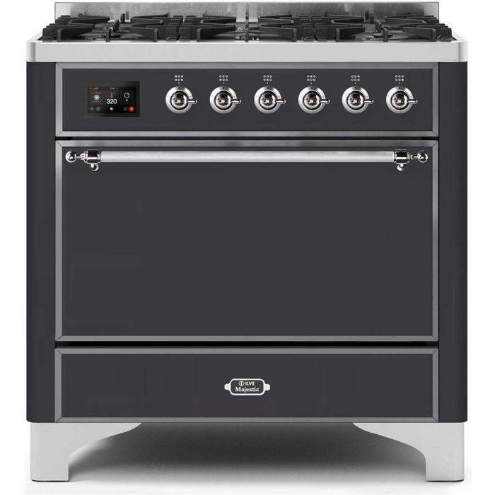ILVE 36" Majestic II Series Dual Fuel Range Gas/Propane with 6 Sealed Burners (UM096DQNS3) - Matte Graphite with Chrome Trim