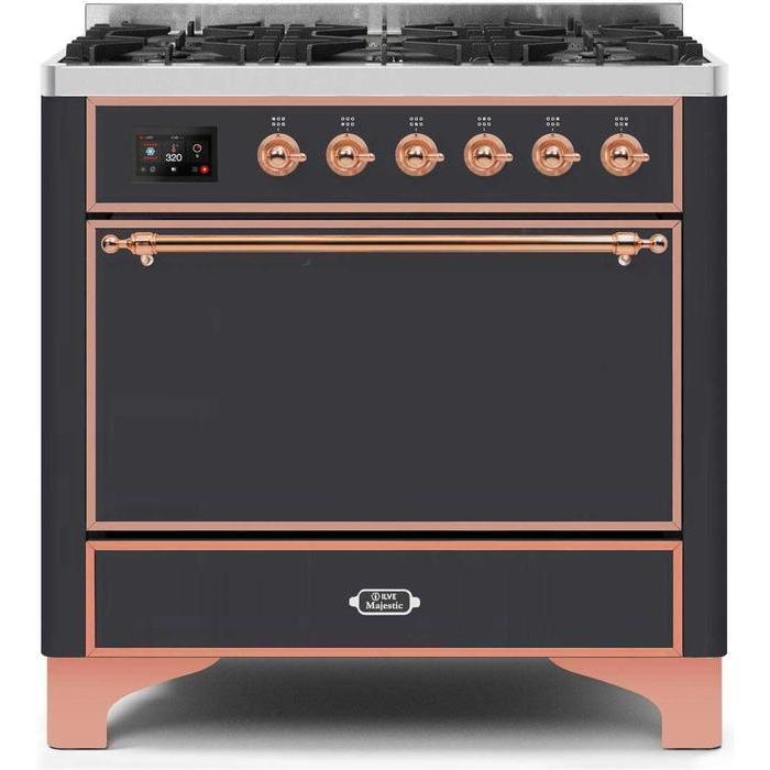 ILVE 36" Majestic II Series Dual Fuel Range Gas/Propane with 6 Sealed Burners (UM096DQNS3) - Matte Graphite with Copper Trim