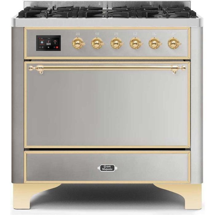 ILVE 36" Majestic II Series Dual Fuel Range Gas/Propane with 6 Sealed Burners (UM096DQNS3) - Stainless Steel with Brass Trim