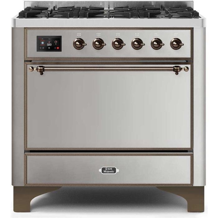 ILVE 36" Majestic II Series Dual Fuel Range Gas/Propane with 6 Sealed Burners (UM096DQNS3) - Stainless Steel with Bronze Trim