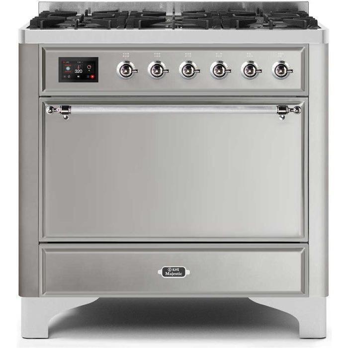 ILVE 36" Majestic II Series Dual Fuel Range Gas/Propane with 6 Sealed Burners (UM096DQNS3) - Stainless Steel with Chrome Trim