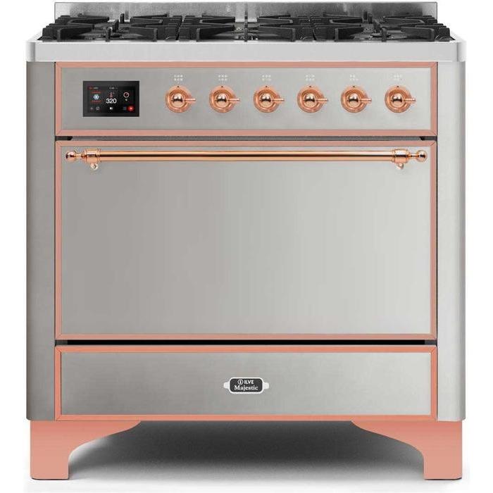 ILVE 36" Majestic II Series Dual Fuel Range Gas/Propane with 6 Sealed Burners (UM096DQNS3) - Stainless Steel with Copper Trim