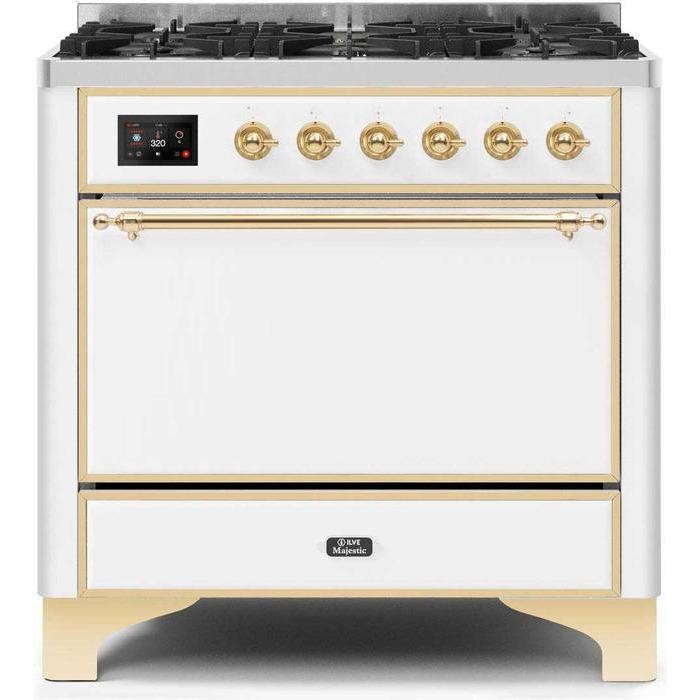 ILVE 36" Majestic II Series Dual Fuel Range Gas/Propane with 6 Sealed Burners (UM096DQNS3) - White with Brass Trim
