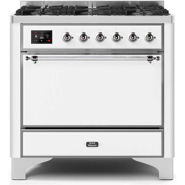 ILVE 36" Majestic II Series Dual Fuel Range Gas/Propane with 6 Sealed Burners (UM096DQNS3) - White with Chrome Trim