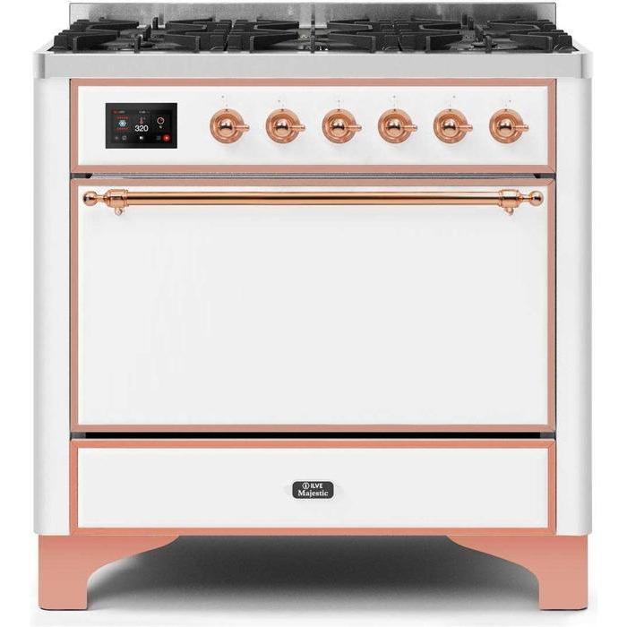 ILVE 36" Majestic II Series Dual Fuel Range Gas/Propane with 6 Sealed Burners (UM096DQNS3) - White with Copper Trim