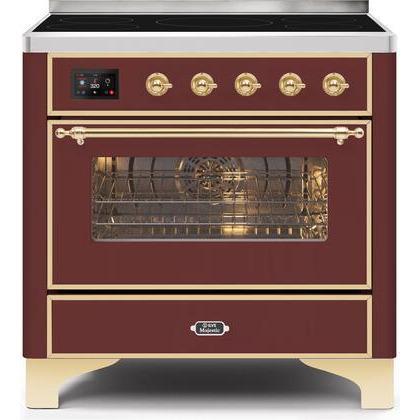ILVE 36" Majestic II Series Electric Induction and Electric Oven Range with 5 Elements (UMI09NS3) - Burgundy with Brass Trim