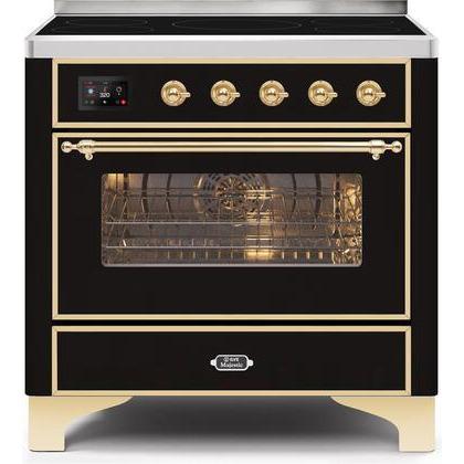 ILVE 36" Majestic II Series Electric Induction and Electric Oven Range with 5 Elements (UMI09NS3) - Glossy Black with Brass Trim