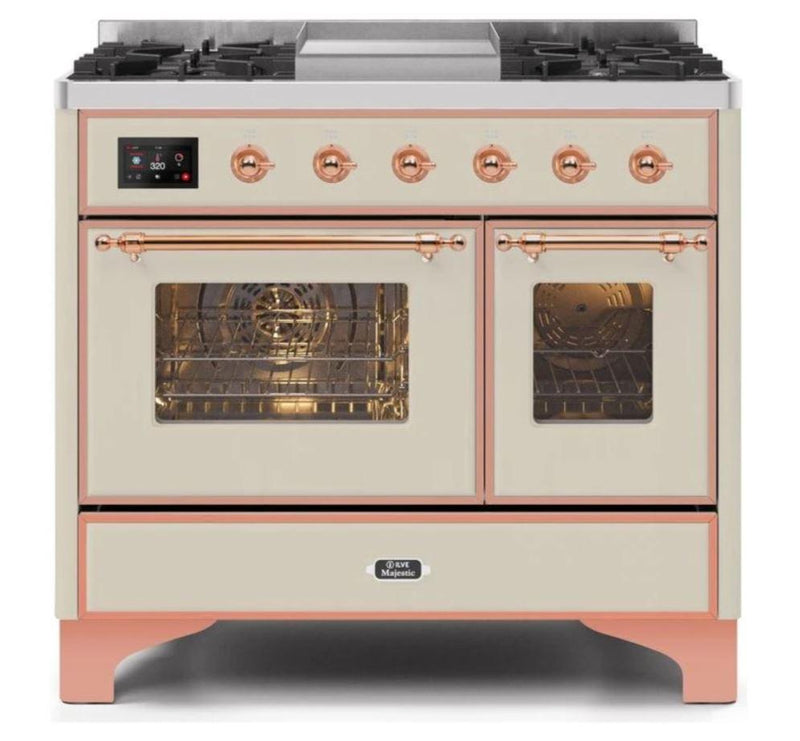 ILVE 40 Inch Majestic II Series Natural Gas/ Propane Gas Burner and Electric Oven with 6 Sealed Burners (UMD10FDNS3) - Antique White with Copper Trim
