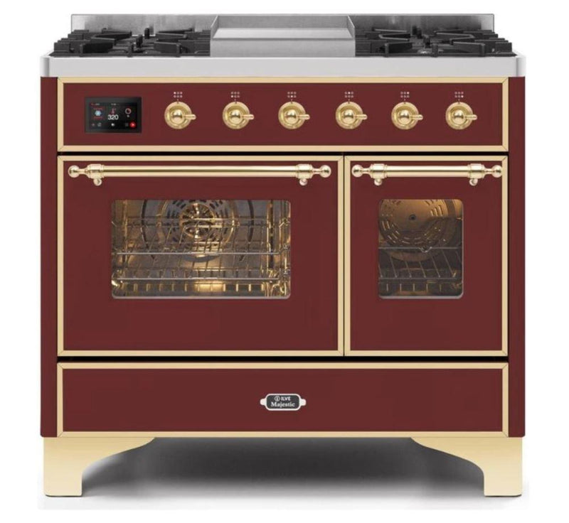 ILVE 40 Inch Majestic II Series Natural Gas/ Propane Gas Burner and Electric Oven with 6 Sealed Burners (UMD10FDNS3) - Burgundy with Brass Trim