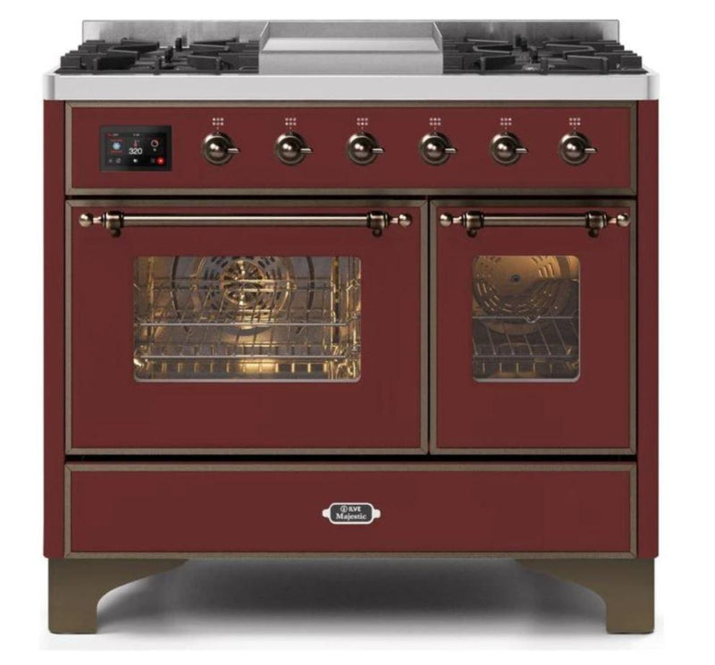 ILVE 40 Inch Majestic II Series Natural Gas/ Propane Gas Burner and Electric Oven with 6 Sealed Burners (UMD10FDNS3) - Burgundy with Bronze Trim