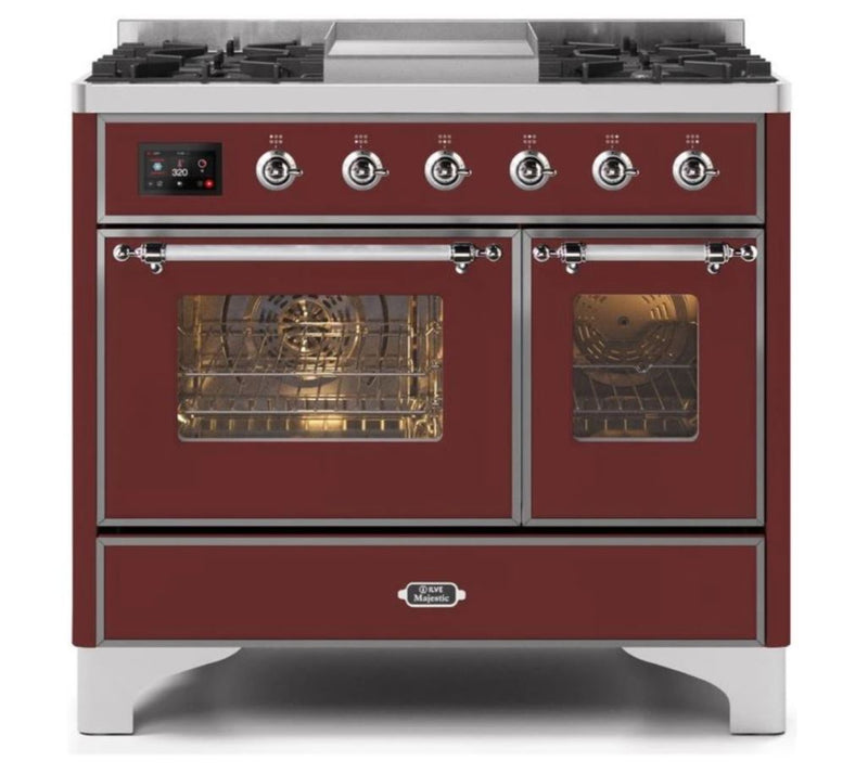 ILVE 40 Inch Majestic II Series Natural Gas/ Propane Gas Burner and Electric Oven with 6 Sealed Burners (UMD10FDNS3) - Burgundy with Chrome Trim