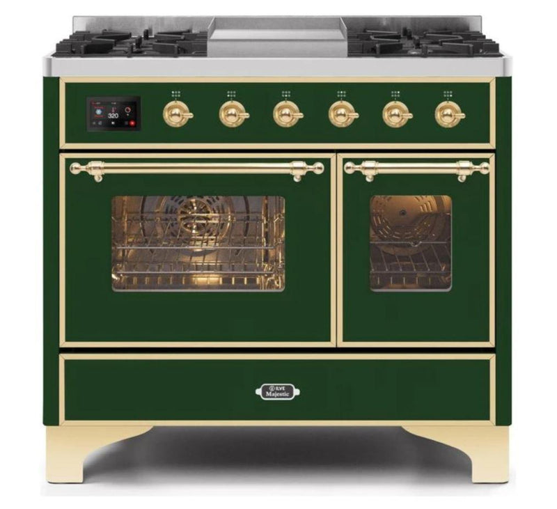 ILVE 40 Inch Majestic II Series Natural Gas/ Propane Gas Burner and Electric Oven with 6 Sealed Burners (UMD10FDNS3) - Emerald Green with Brass Trim