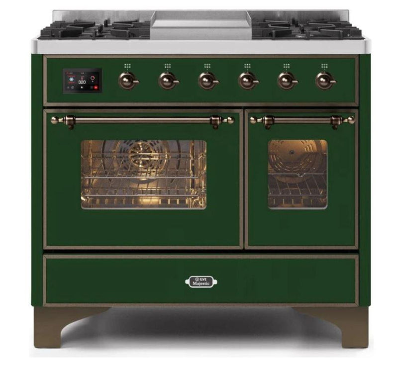 ILVE 40 Inch Majestic II Series Natural Gas/ Propane Gas Burner and Electric Oven with 6 Sealed Burners (UMD10FDNS3) - Emerald Green with Bronze Trim