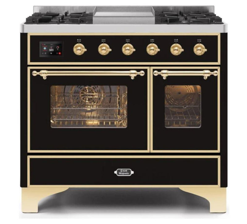 ILVE 40 Inch Majestic II Series Natural Gas/ Propane Gas Burner and Electric Oven with 6 Sealed Burners (UMD10FDNS3) - Glossy Black with Brass Trim