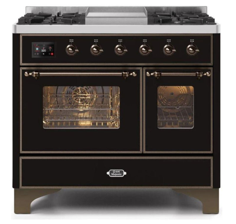 ILVE 40 Inch Majestic II Series Natural Gas/ Propane Gas Burner and Electric Oven with 6 Sealed Burners (UMD10FDNS3) - Glossy Black with Bronze Trim