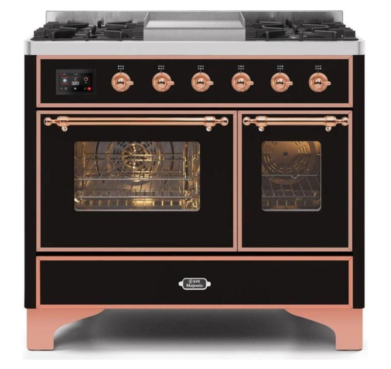 ILVE 40 Inch Majestic II Series Natural Gas/ Propane Gas Burner and Electric Oven with 6 Sealed Burners (UMD10FDNS3) - Glossy Black with Copper Trim