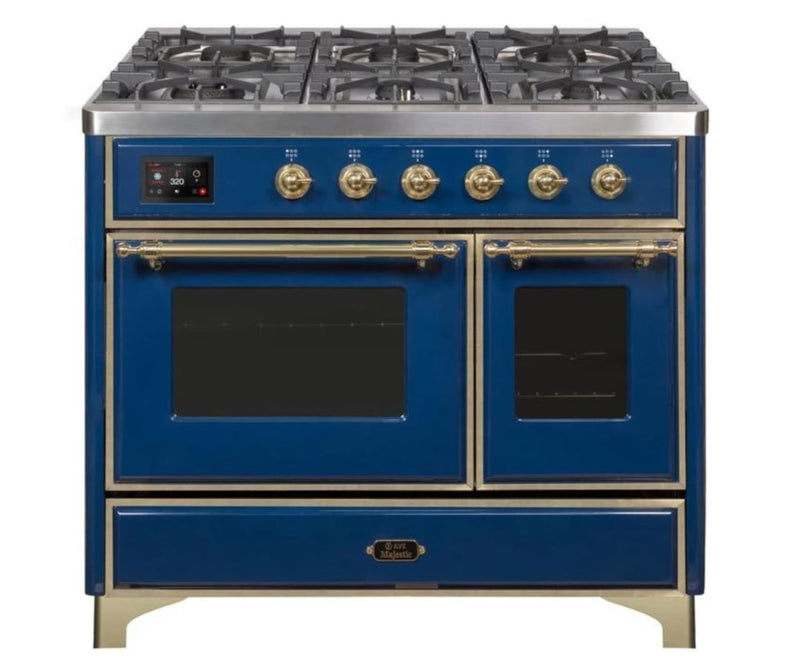 ILVE 40 Inch Majestic II Series Natural Gas/ Propane Gas Burner and Electric Oven with 6 Sealed Burners (UMD10FDNS3) - Midnight Blue with Brass Trim