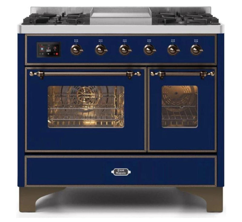 ILVE 40 Inch Majestic II Series Natural Gas/ Propane Gas Burner and Electric Oven with 6 Sealed Burners (UMD10FDNS3) - Midnight Blue with Bronze Trim