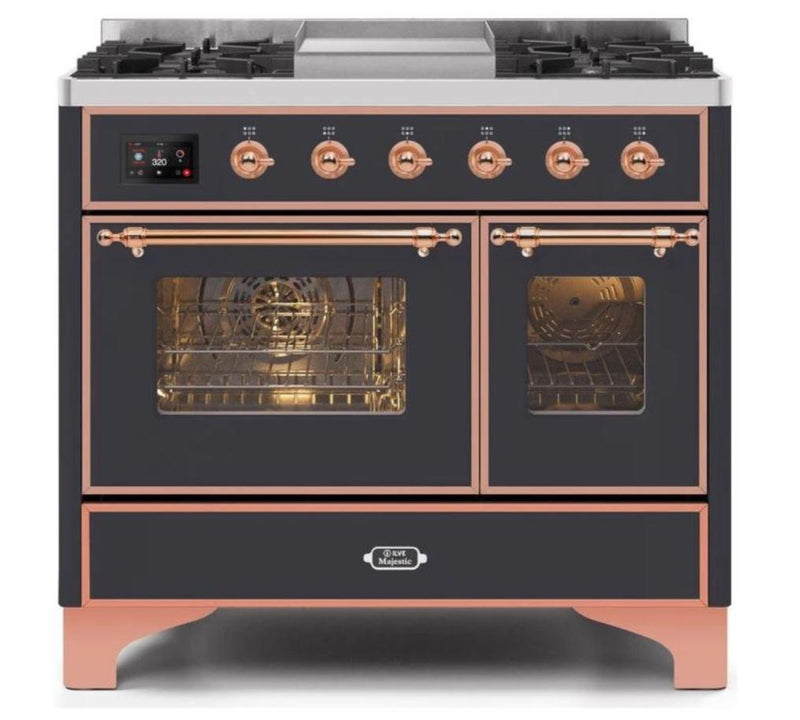 ILVE 40 Inch Majestic II Series Natural Gas/ Propane Gas Burner and Electric Oven with 6 Sealed Burners (UMD10FDNS3) - Matte Graphite with Copper Trim