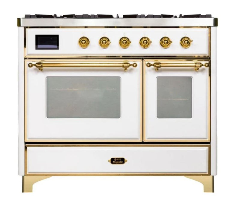 ILVE 40 Inch Majestic II Series Natural Gas/ Propane Gas Burner and Electric Oven with 6 Sealed Burners (UMD10FDNS3) - White with Brass Trim