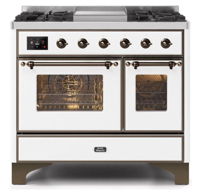ILVE 40 Inch Majestic II Series Natural Gas/ Propane Gas Burner and Electric Oven with 6 Sealed Burners (UMD10FDNS3) - White with Bronze Trim